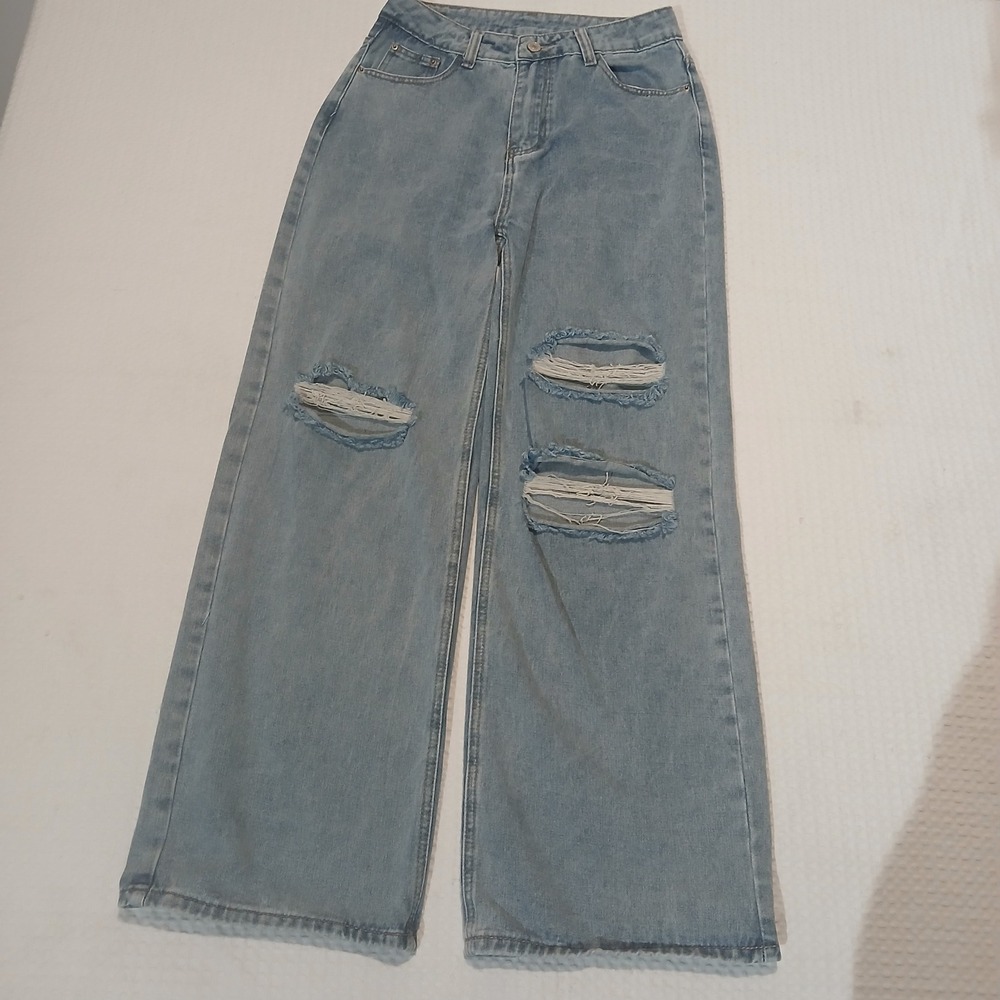 SHEIN Women Light Wash Distressed Wide Leg Jeans Ripped Knee Size 4 S